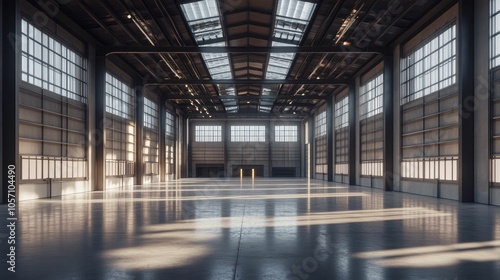 Storage racks fill a spacious industrial warehouse, featuring sleek designs and bathed in abundant natural light for an airy feel.