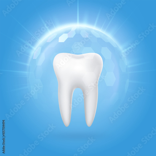 3D realistic healthy tooth with protection shield sphere. Dental medicine concept of stomatology. Dental care, whitening and protection.