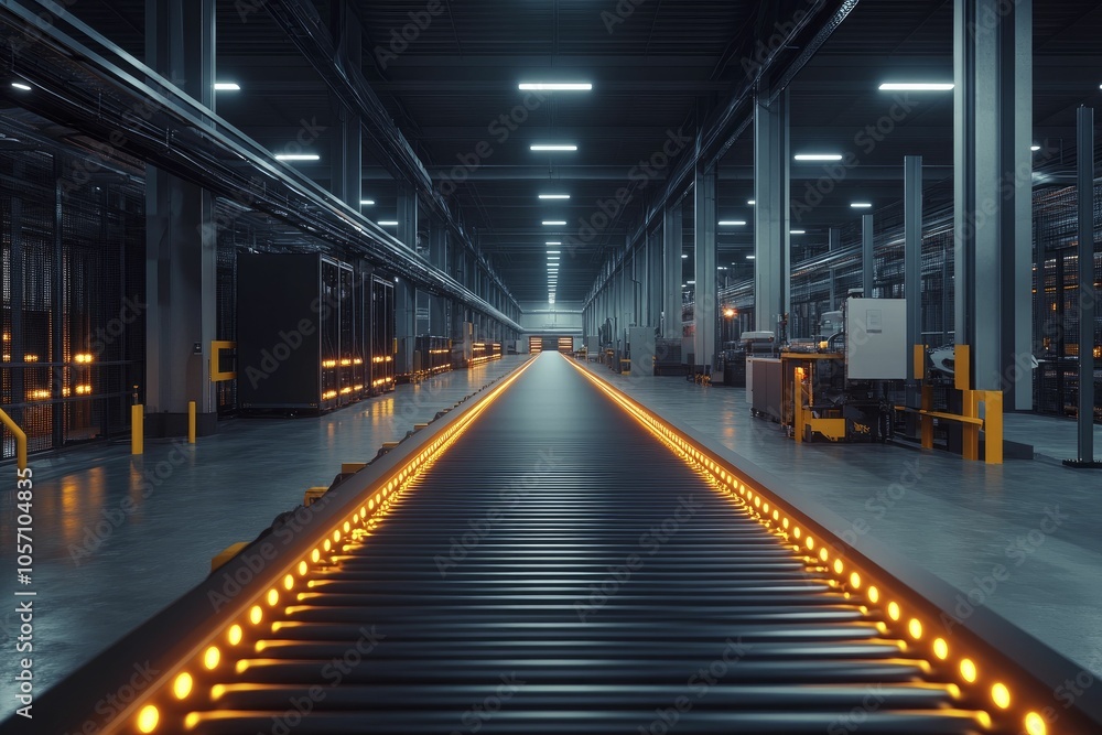 A warehouse featuring automated conveyors, a sleek minimalist aesthetic, and vibrant lighting for an efficient workspace. A warehouse featuring automated conveyors, a sleek minimalist aesthetic, and vibrant lighting for an efficient workspace.