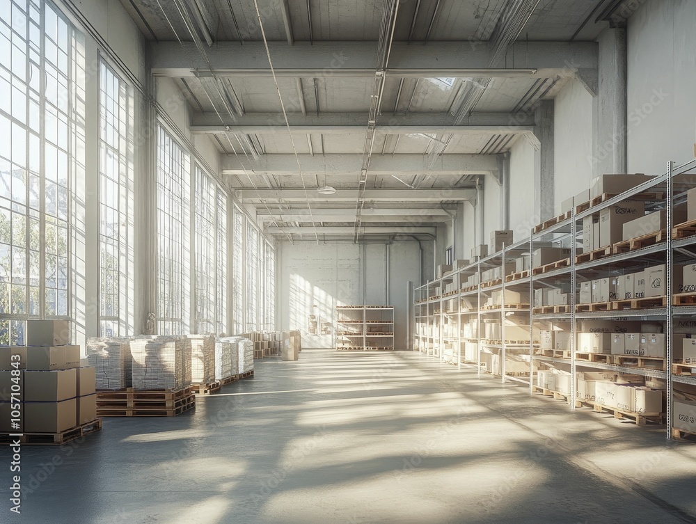 Warehouse space with optimized inventory layout, cool tones, natural window light Warehouse space with optimized inventory layout, cool tones, natural window light