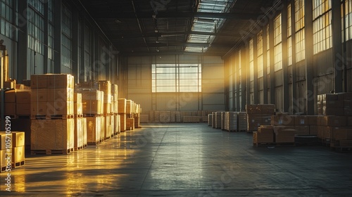 Warehouse with smart logistics, minimal clutter, warm evening light