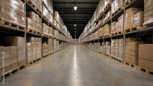 Efficient warehouse operations, industrial shelving, warm lighting