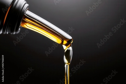 Motor oil pouring from bottle nozzle, high-detail close-up, focus on rich color