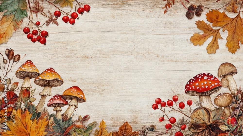 Autumn themed border featuring mushrooms bright red berries and colorful foliage arranged on a light wood background Autumn themed border featuring mushrooms bright red berries and colorful foliage arranged on a light wood background