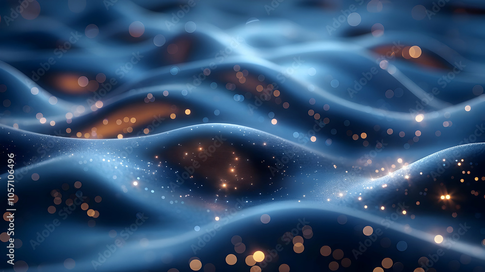 Abstract 3D Background with Blue Wavy Texture and Golden Bokeh Abstract 3D Background with Blue Wavy Texture and Golden Bokeh