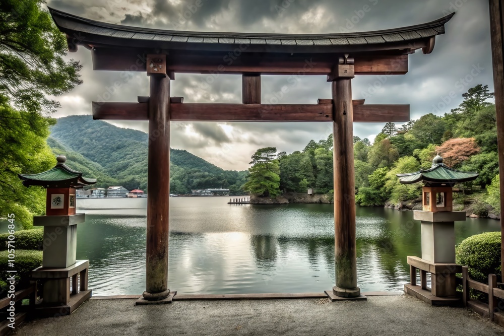 Obraz premium Isolated Tori Gate in Serene Landscape - Traditional Architecture and Nature's Beauty