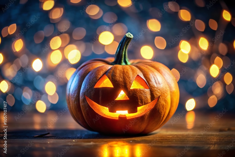 Fototapeta premium Jack-o'-Lantern in Darkness with Bokeh Effect for Halloween Decoration and Text Space