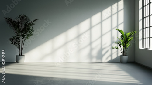 Minimalist interior with two potted plants casting shadows on a white wall from a large window.