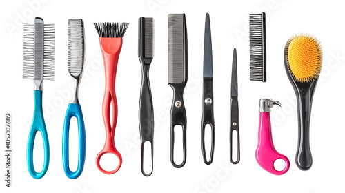 Diverse collection of hairbrushes, paddle, round, teasing, and detangling combs for professional styling everyday grooming photo