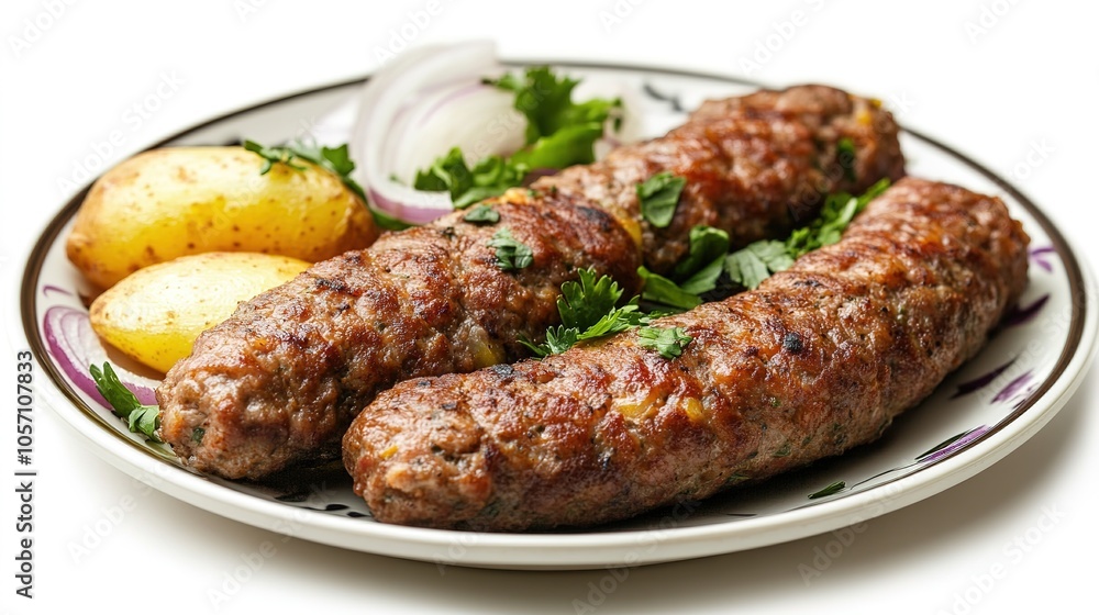 kofta kebab meat kabab with tomatoes, onions potatoes and coriander served in a dish isolated on the table kofta kebab meat kabab with tomatoes, onions potatoes and coriander served in a dish isolated on the table