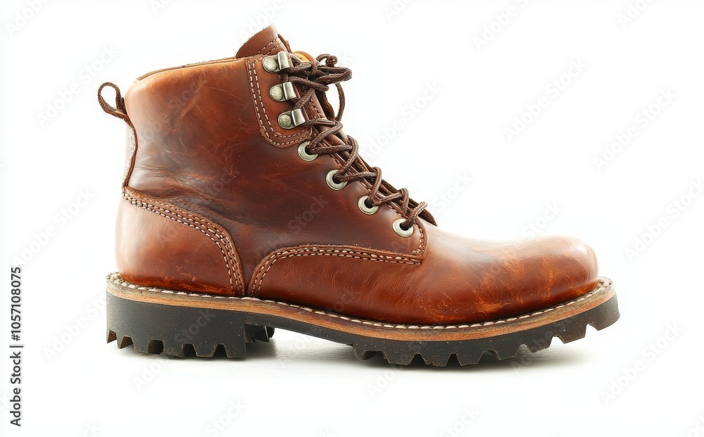 An untied laces brown leather boot on a white background An untied laces brown leather boot on a white background