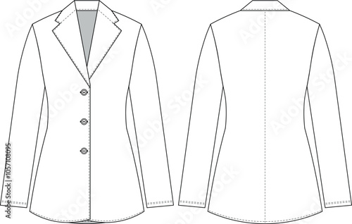 collared buttoned long sleeve a line long jacket coat template technical drawing flat sketch cad mockup fashion woman design style model 
