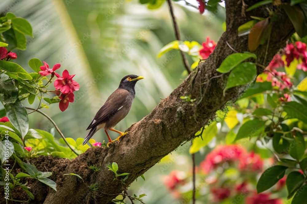 Jungle Myna Perched on a Tree Branch in Lush Tropical Environment Jungle Myna Perched on a Tree Branch in Lush Tropical Environment