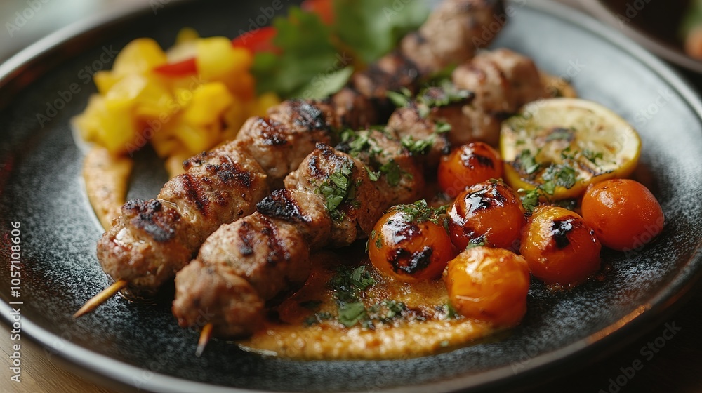 lula kebab with bread sauce and vegetables on a plate lula kebab with bread sauce and vegetables on a plate
