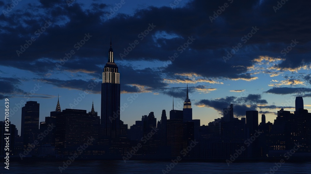 A dark cityscape with a tall skyscraper illuminated at twilight. A dark cityscape with a tall skyscraper illuminated at twilight.