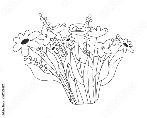 Wildflowers bunch black and white 2D line object. Bush flowers. Shrub plants blooming. Greenery blossom botanical. Lush florals isolated clip art vector outline item. Monochromatic spot illustration