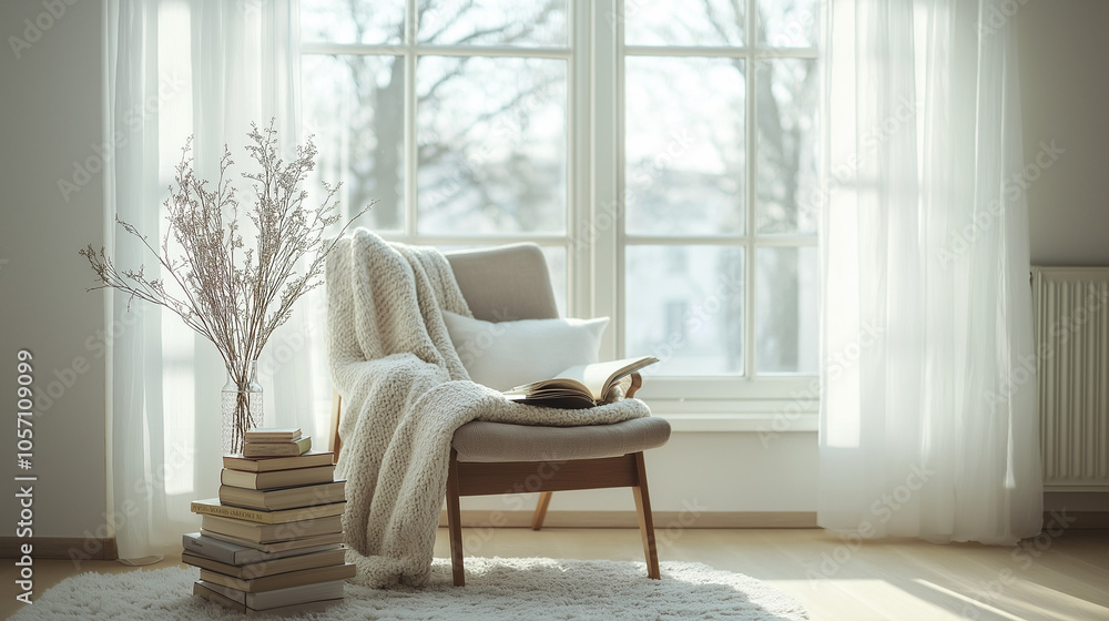 Cozy chair with blanket and books by sunlit window Cozy chair with blanket and books by sunlit window