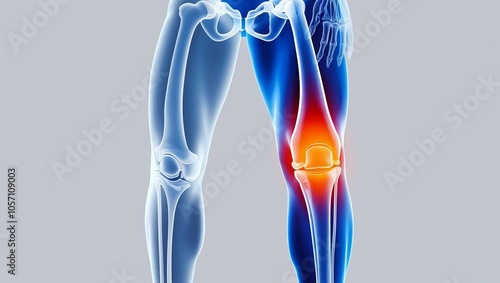 A digital illustration of human legs highlighting the knee joint with emphasis on inflammation or injury, visually depicting anatomical features.