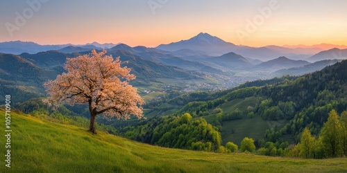 Serene Mountain Landscape with Blooming Tree at Sunrise