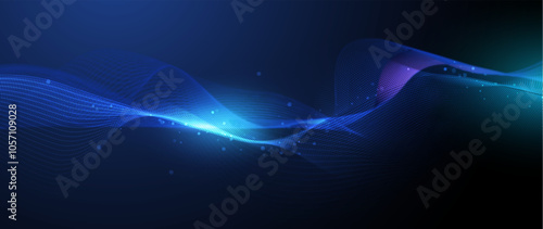 Vector Abstract flowing wave line, particle dot pattern, neon light on dark blue gradient background. Modern futuristic design, particles wave data for background. Network, science, technology concept