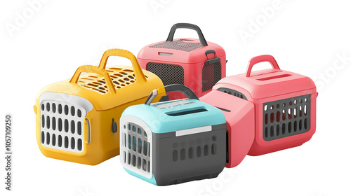 Colorful of dog cages, blue, red, and yellow pet homes for safe stylish canine comfort