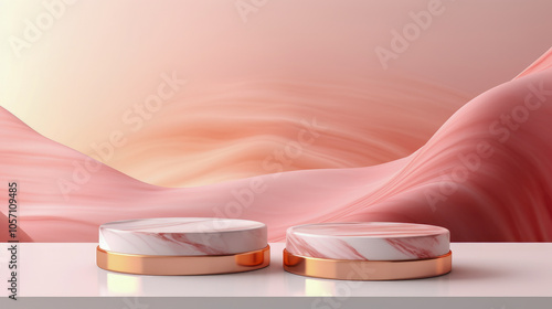 This image displays a double platform with pink marble, set against a wave-like backdrop, offering a unique and artistic feature for contemporary product staging. photo