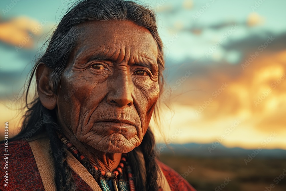 An elderly man with braided hair and traditional clothing, looking ahead at glowing mountain sunset An elderly man with braided hair and traditional clothing, looking ahead at glowing mountain sunset