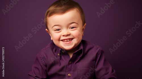 Portrait of smiling laughing boy child with Down syndrome purple background.