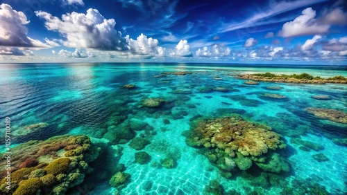 Oceanic landscape with coral reef formations amidst turquoise waters, sea creatures, coral formations, ocean views