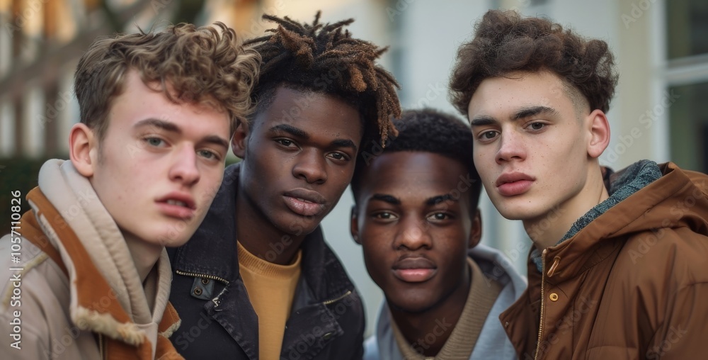 Four young men standing together, each with a distinct skin tone, looking at the camera with confidence and pride Four young men standing together, each with a distinct skin tone, looking at the camera with confidence and pride