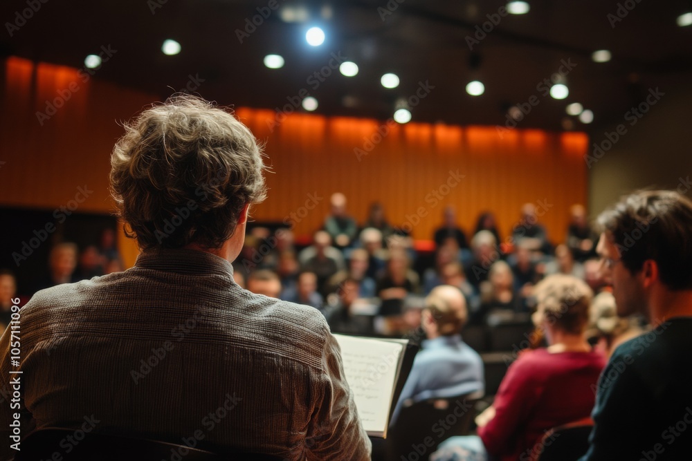 Naklejka premium Attendees are captivated by a live choral performance in a cozy auditorium filled with warm lighting, creating an inviting atmosphere for the event