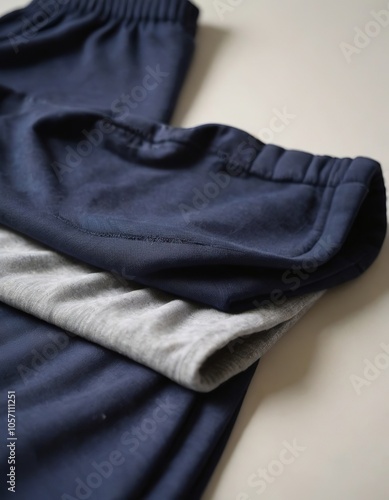 Casual relaxed-fit pants in navy blue and gray, featuring elastic waistbands for comfort.