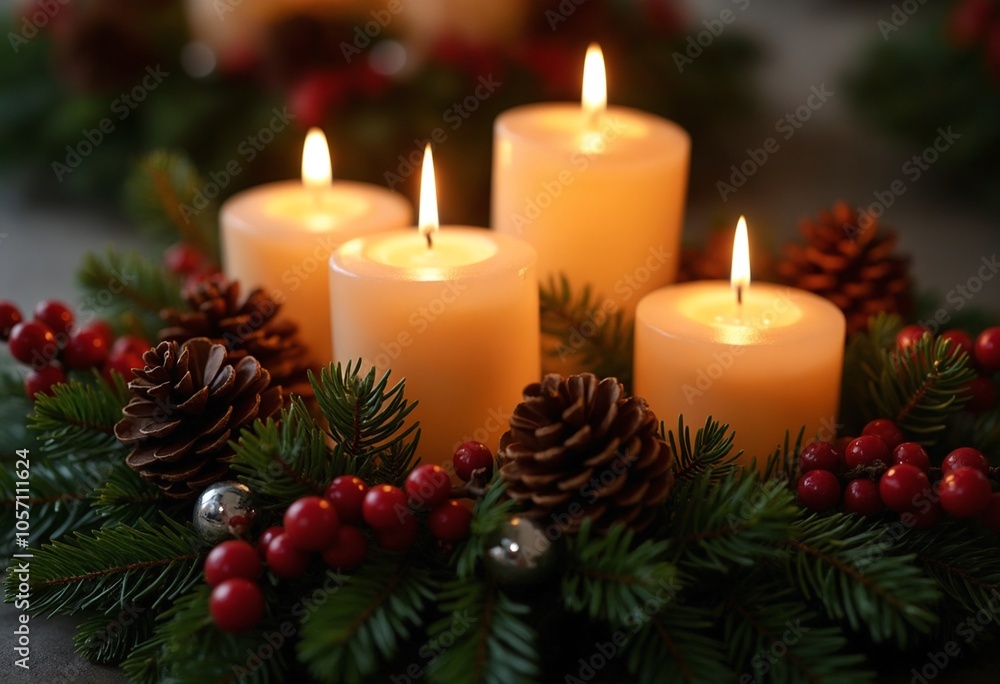 Four lit candles surrounded by pine cones and berries in a festive holiday wreath Four lit candles surrounded by pine cones and berries in a festive holiday wreath