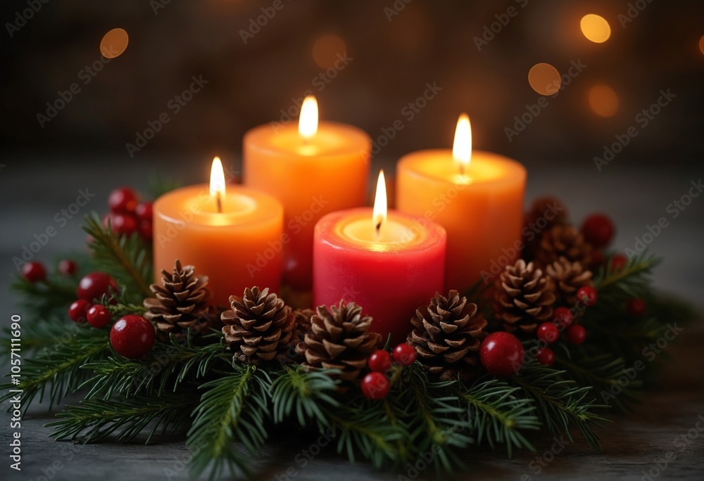 Four lit candles surrounded by pine cones and berries in a festive holiday wreath Four lit candles surrounded by pine cones and berries in a festive holiday wreath