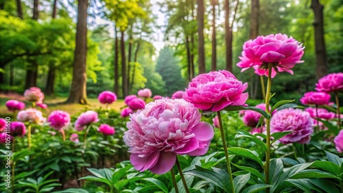 Fototapeta Naklejka Na Ścianę i Meble -  Pink peonies in a lush green garden surrounded by tall trees, garden, blossom