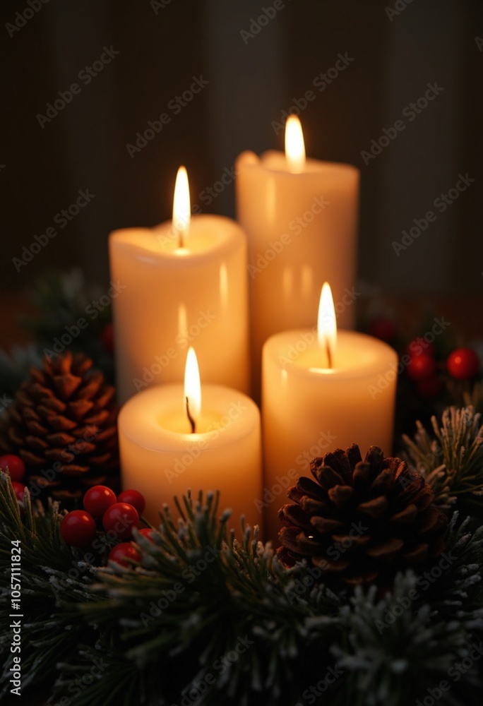 Four lit candles surrounded by pine cones and berries in a festive holiday wreath Four lit candles surrounded by pine cones and berries in a festive holiday wreath