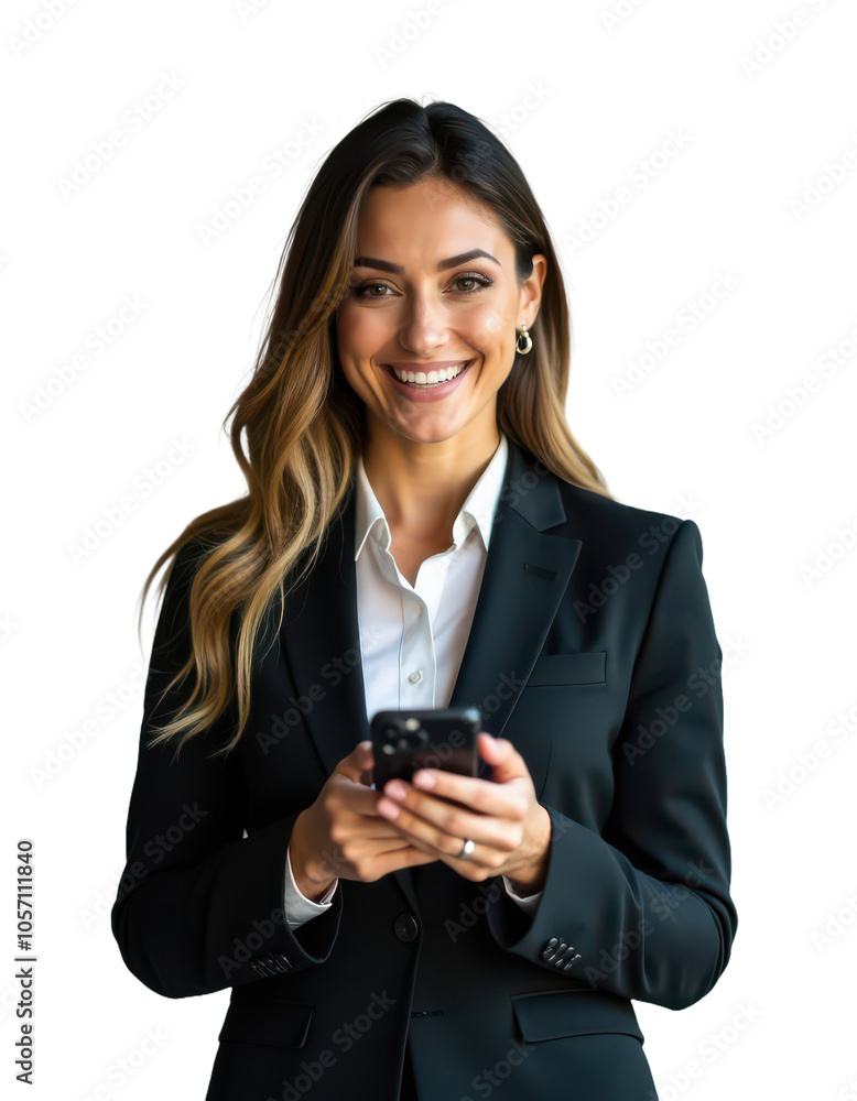 Portrait of a smiling business woman in a black suit holding a cell phone, isolated on a transparent background Portrait of a smiling business woman in a black suit holding a cell phone, isolated on a transparent background