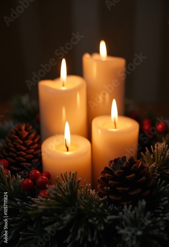 Four lit candles surrounded by pine cones and berries in a festive holiday wreath