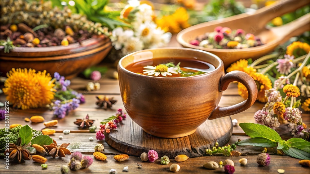 Herbal Tea Cup with Assorted Dried Flowers on Wooden Table Herbal Tea Cup with Assorted Dried Flowers on Wooden Table