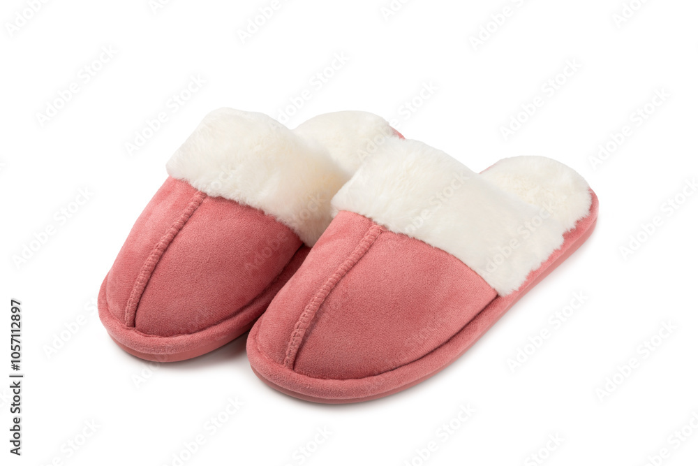 Soft slippers isolated on white background. Home slippers. Comfortable shoes for home. Foot care concept. Home comfort. Space for text. Copy space. Soft slippers isolated on white background. Home slippers. Comfortable shoes for home. Foot care concept. Home comfort. Space for text. Copy space.