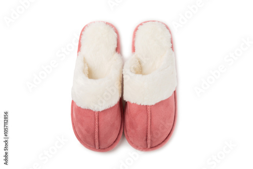 Soft slippers isolated on white background. Home slippers. Comfortable shoes for home. Foot care concept. Home comfort. Space for text. Copy space.