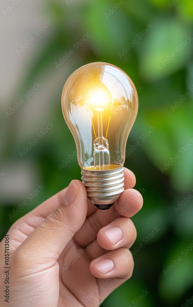 Hand holding a glowing light bulb with green background. Hand holding a glowing light bulb with green background.