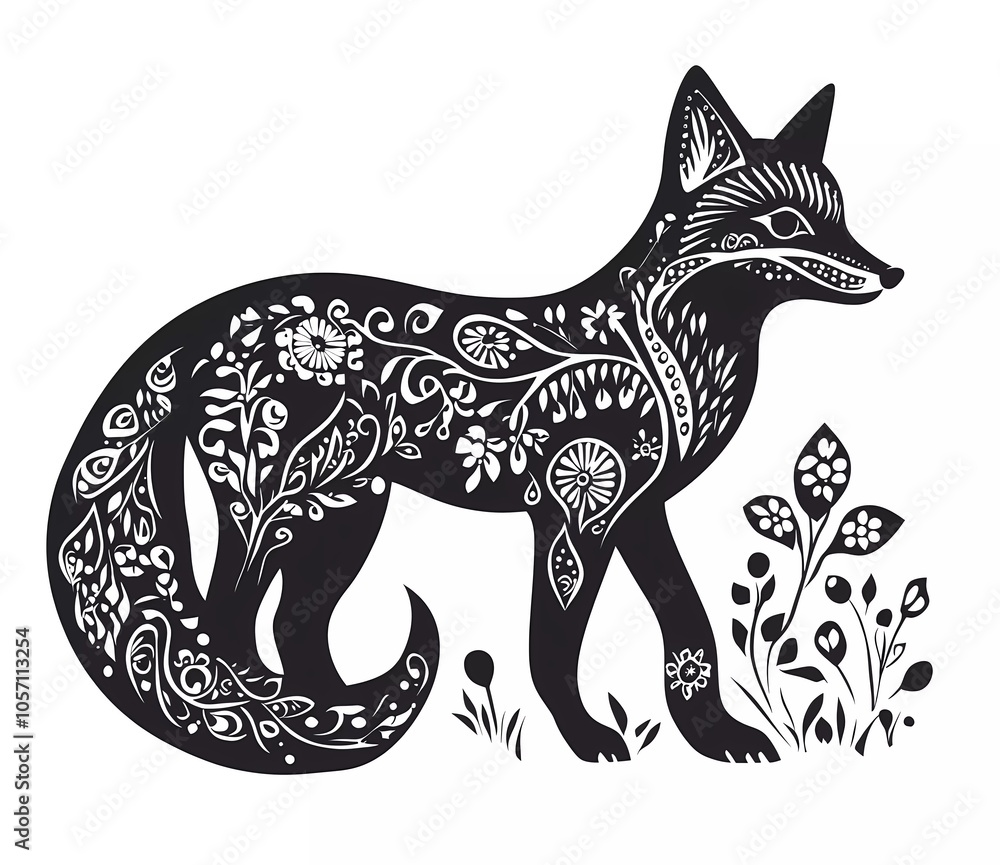 Black vector simple folk art fox silhouette, clipart on a white background. Black vector simple folk art fox silhouette, clipart on a white background.