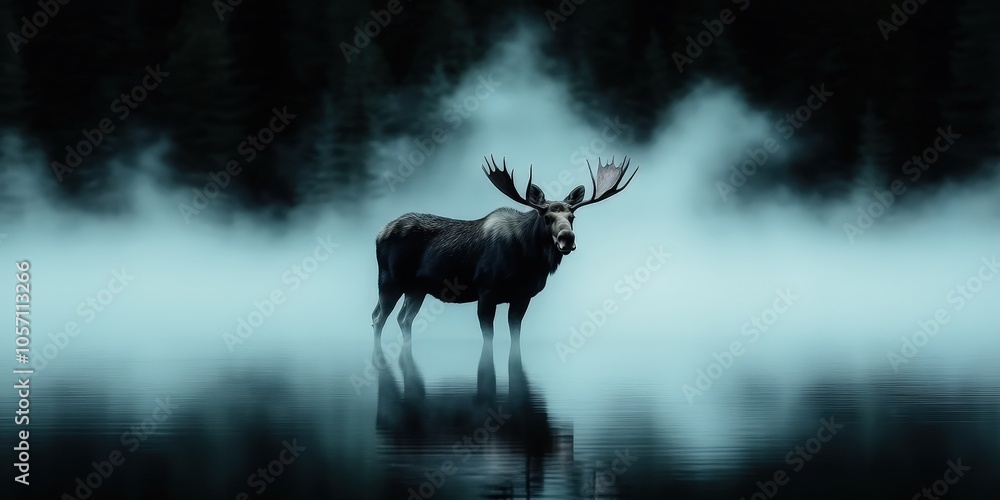 Majestic Moose in Misty Mountain Lake at Dusk Majestic Moose in Misty Mountain Lake at Dusk