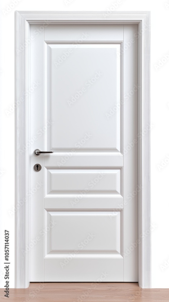 Modern white interior door with handle on a wooden floor, isolated on white background. Modern white interior door with handle on a wooden floor, isolated on white background.