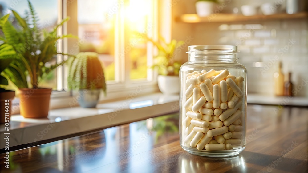 Glass Jar of Prebiotic Capsules in Modern Kitchen Setting Glass Jar of Prebiotic Capsules in Modern Kitchen Setting
