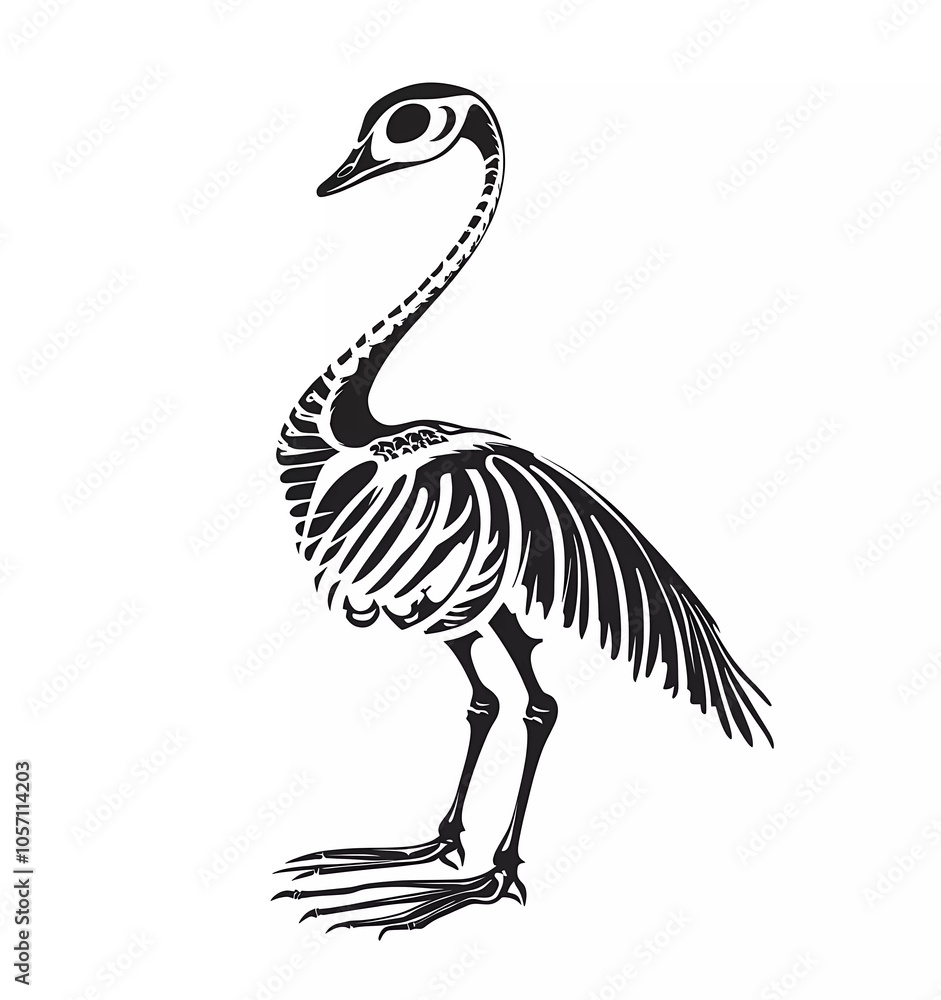 Vector flat black and white illustration of a goose skeleton on a pure background, simple design Vector flat black and white illustration of a goose skeleton on a pure background, simple design