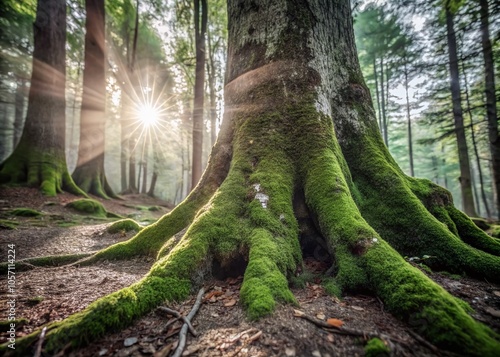 Lush Green Moss Covering a Majestic Tree in a Serene Forest Landscape