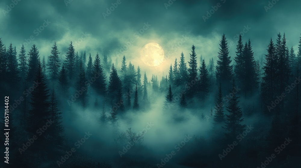 A misty forest scene illuminated by a full moon. A misty forest scene illuminated by a full moon.