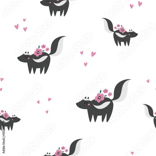 Cute Woodland Animal Seamless Pattern. Adorable Vector Forest Skunk for Designs and Crafts